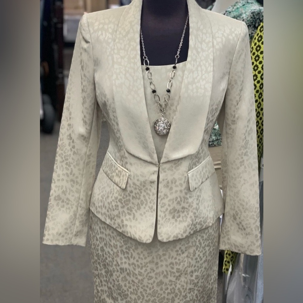Kasper Champagne Leopard Jacquard Dress w/Jacket 2pc Suit Set Size 12